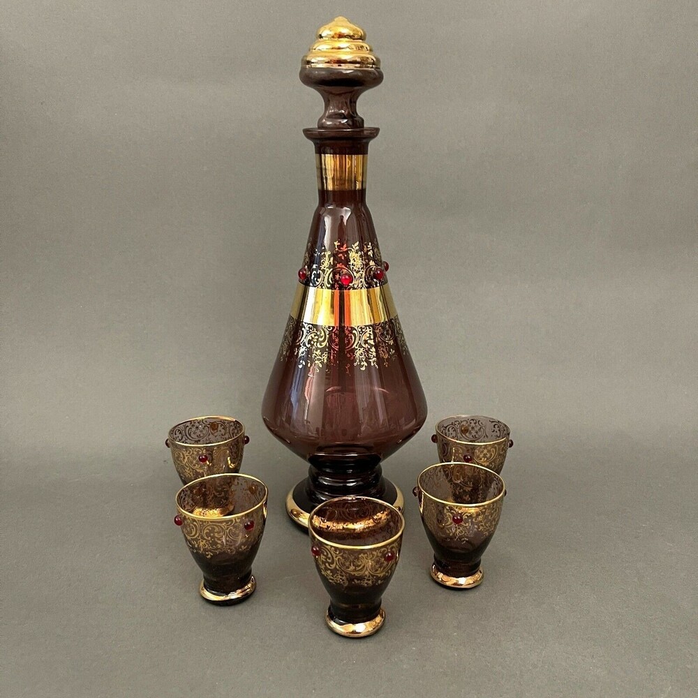 Vintage Bohemia Glass Bottle‎ Decanter 5 Cups Purple Gold